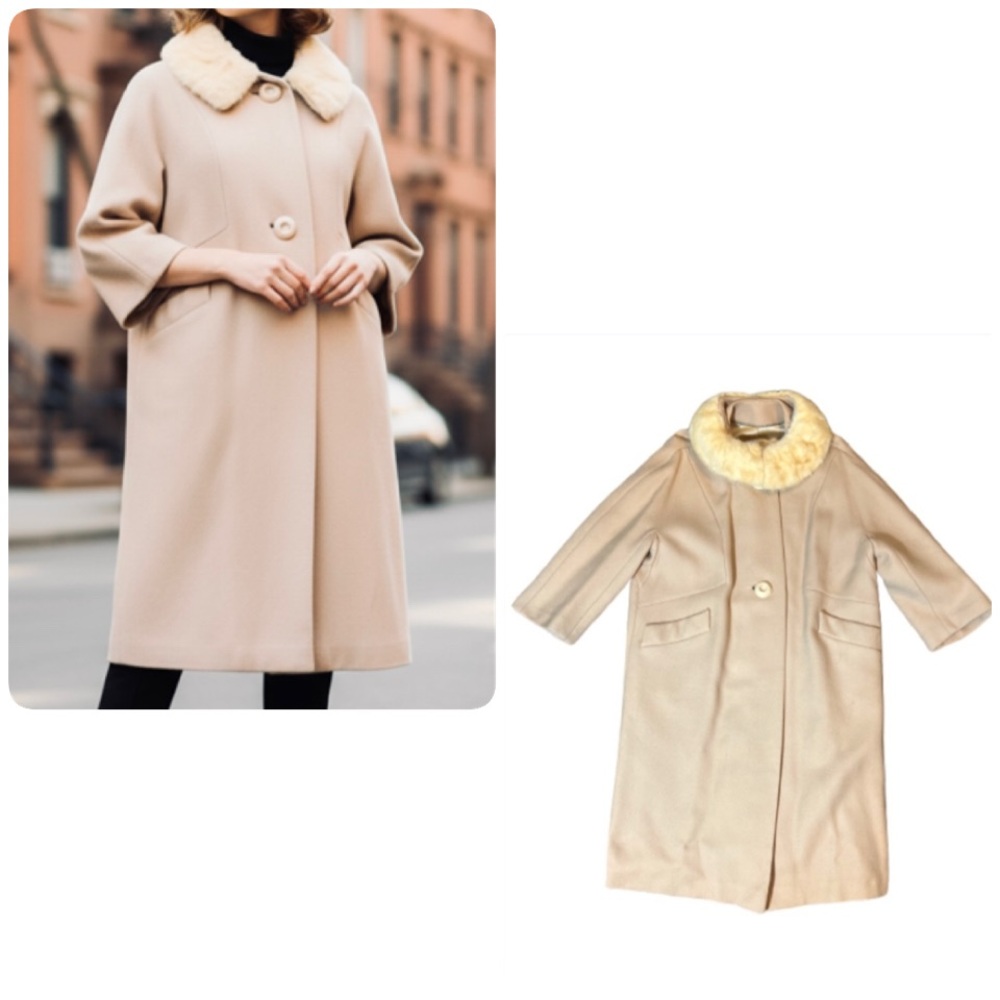 Authentic Vintage 50’s 60’s Mod Elegant Tan Coat‎ with Lush  Fur Collar
